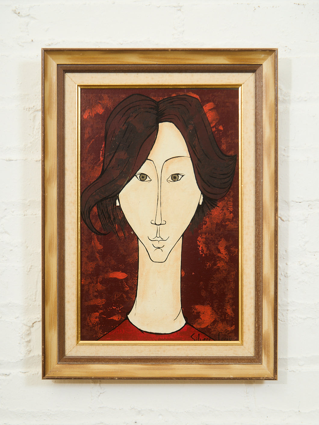 Mid-Century Modern Portrait Painting in Red and Walnut Frame
