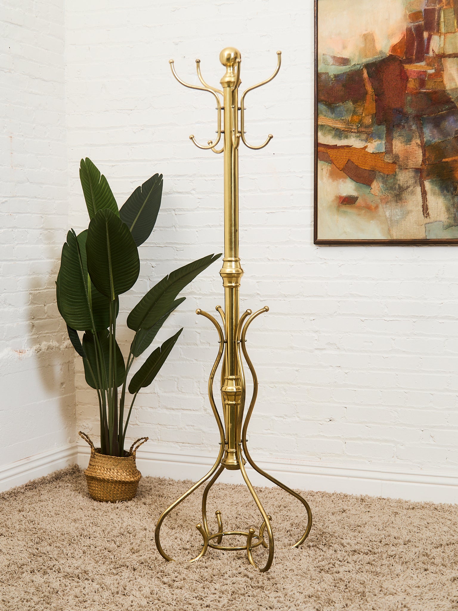 Vintage Tall Brass Standing Hall Tree Hat Stand Coat Rack Floor