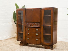 Load image into Gallery viewer, English Art Deco Vintage Oak Secretary Bar Bookcase
