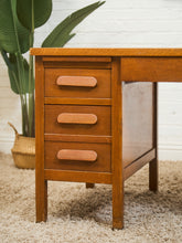 Load image into Gallery viewer, Mid-Century Oak Pedestal Desk with Twin Drawer Pedestals
