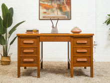 Load image into Gallery viewer, Mid-Century Oak Pedestal Desk with Twin Drawer Pedestals
