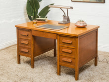 Load image into Gallery viewer, Mid-Century Oak Pedestal Desk with Twin Drawer Pedestals
