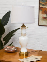 Load image into Gallery viewer, Mid-Century White Ceramic Table Lamp with Brass Base
