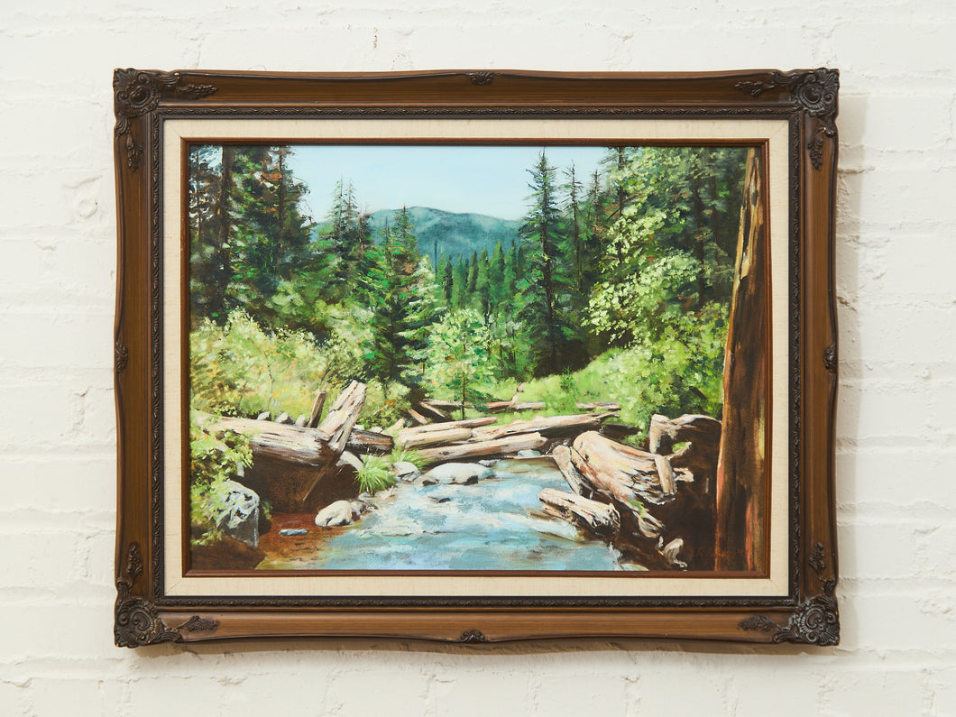 Mountain Stream Landscape Oil Painting in Ornate Frame