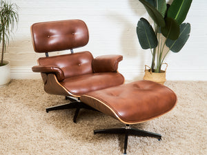 Iconic Chair and Ottoman in Cantina Saddle