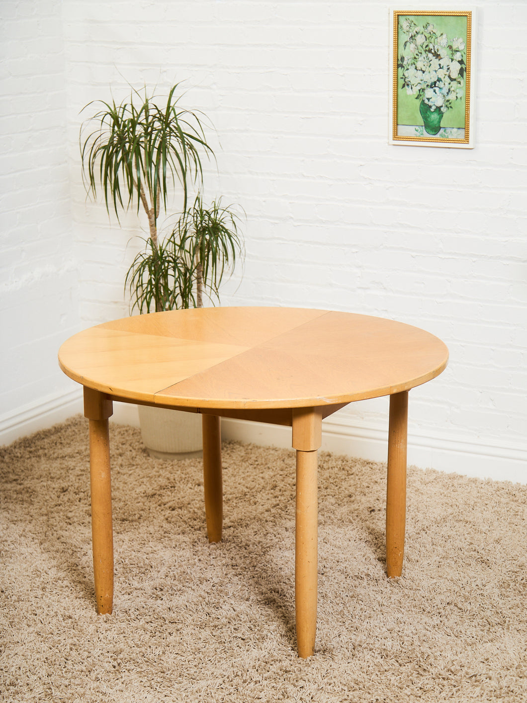 Blonde Vintage Dining Table with Leaf Round to Oval