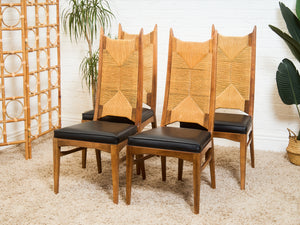 Rare Set of 4 Woven Mid Century Highback Dining chairs by Huntley