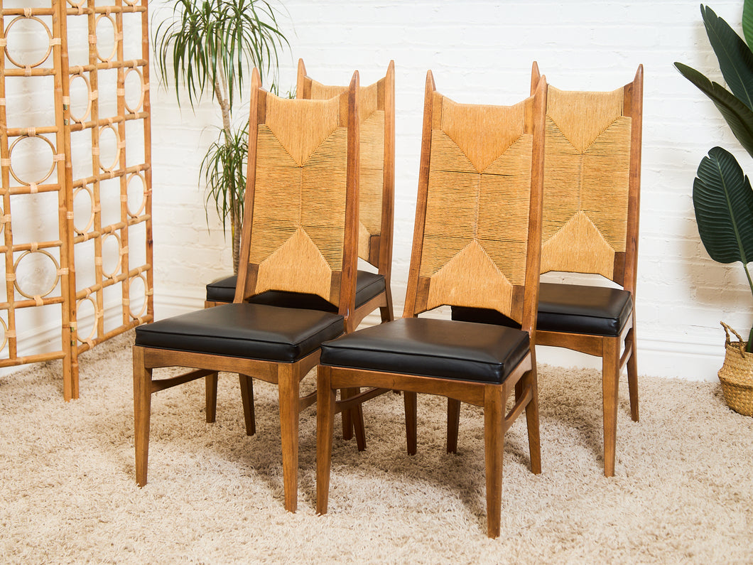 Rare Set of 4 Woven Mid Century Highback Dining chairs by Huntley