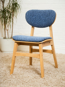 Set of 6 Mid-Century Modern Style Blonde Dining Chairs in Blue Orange Upholstery