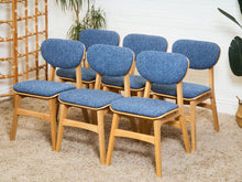 Load image into Gallery viewer, Set of 6 Mid-Century Modern Style Blonde Dining Chairs in Blue Orange Upholstery
