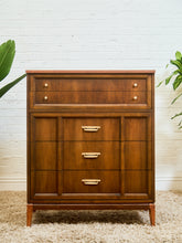 Load image into Gallery viewer, Mid-Century Walnut Highboy Dresser with Brass Pulls
