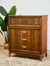 Load image into Gallery viewer, Mid-Century Walnut Highboy Dresser with Brass Pulls
