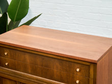 Load image into Gallery viewer, Mid-Century Walnut Highboy Dresser with Brass Pulls
