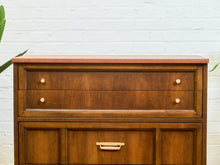 Load image into Gallery viewer, Mid-Century Walnut Highboy Dresser with Brass Pulls
