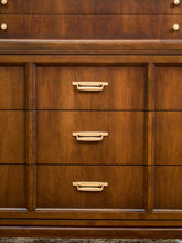 Load image into Gallery viewer, Mid-Century Walnut Highboy Dresser with Brass Pulls
