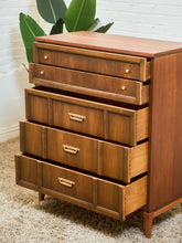 Load image into Gallery viewer, Mid-Century Walnut Highboy Dresser with Brass Pulls
