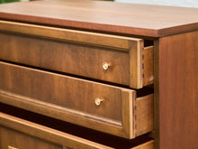 Load image into Gallery viewer, Mid-Century Walnut Highboy Dresser with Brass Pulls
