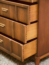 Load image into Gallery viewer, Mid-Century Walnut Highboy Dresser with Brass Pulls
