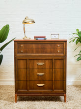 Load image into Gallery viewer, Mid-Century Walnut Highboy Dresser with Brass Pulls
