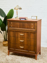 Load image into Gallery viewer, Mid-Century Walnut Highboy Dresser with Brass Pulls
