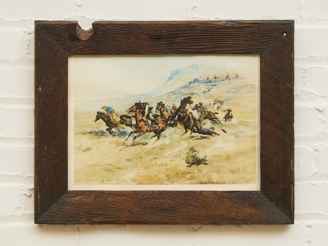 Western Art by Charles M. Russell with Thick wood Rustic Frame