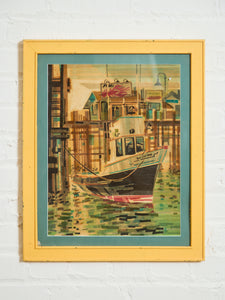 Mid Century Harbor Scene Mixed Media Painting