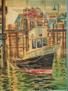 Mid Century Harbor Scene Mixed Media Painting
