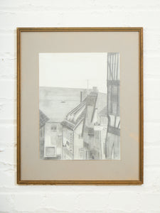 1970s Pencil Drawing of European Rooftops Signed  K.R.