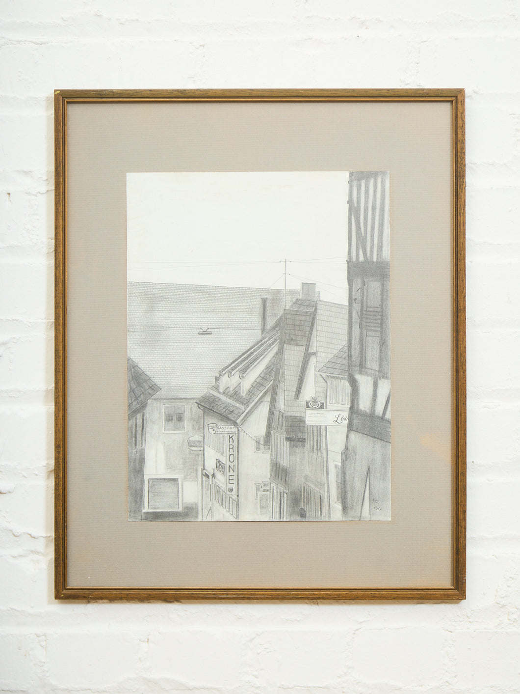 1970s Pencil Drawing of European Rooftops Signed  K.R.