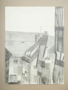 1970s Pencil Drawing of European Rooftops Signed  K.R.