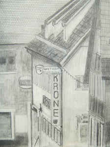 1970s Pencil Drawing of European Rooftops Signed  K.R.