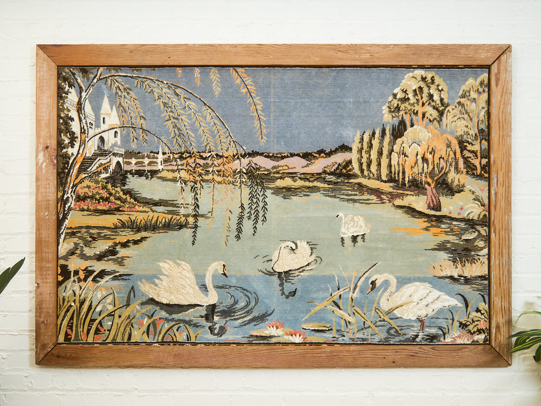 Swans Beneath the Willows Vintage Woven Tapestry