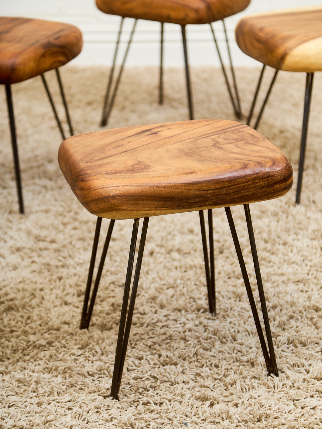 Mid-Century Modern Solid Wood Stool with Hairpin Legs