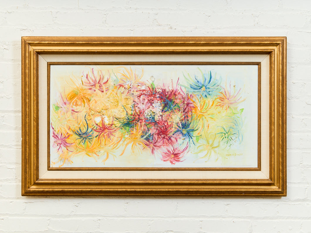 “Splash” by Margarette Singer, Large Mid-Century Abstract Floral Oil Painting