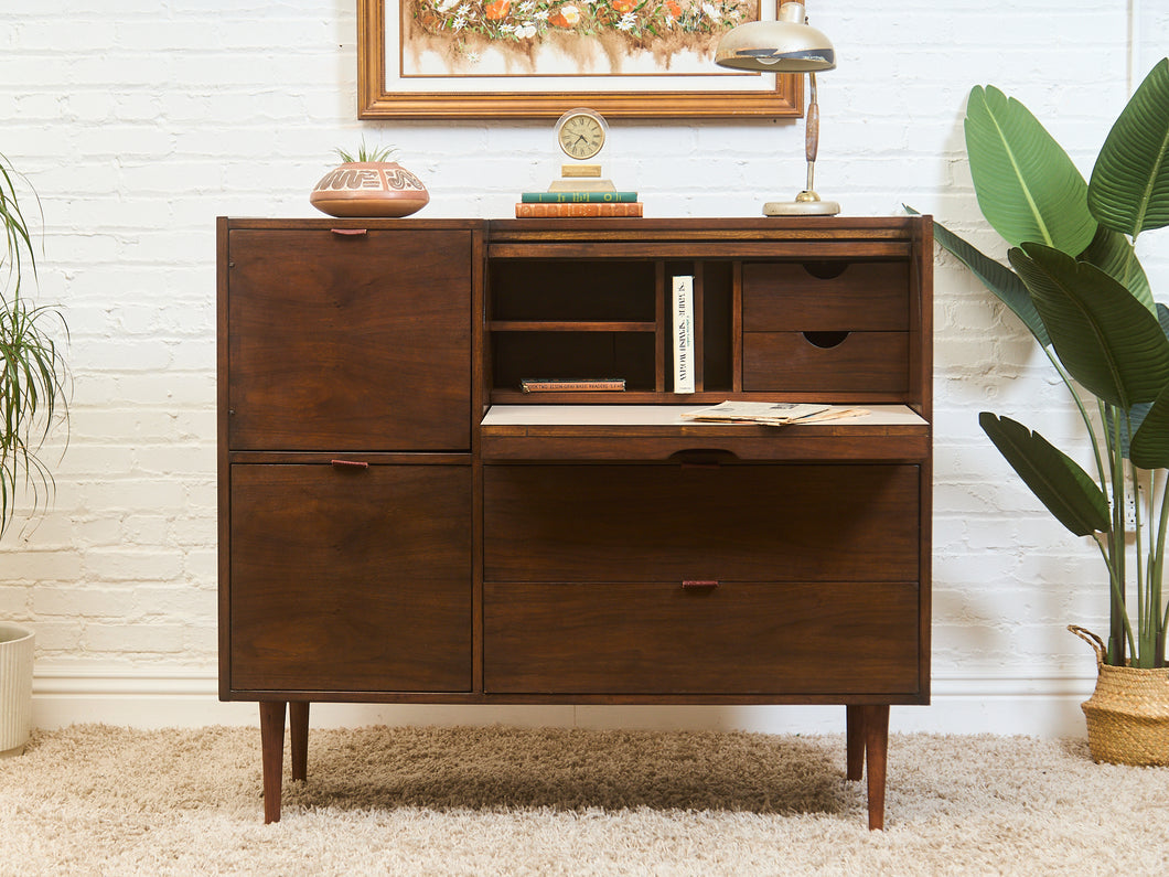 1960s Mid Century Walnut Roll-Top Secretary Desk by Hooker