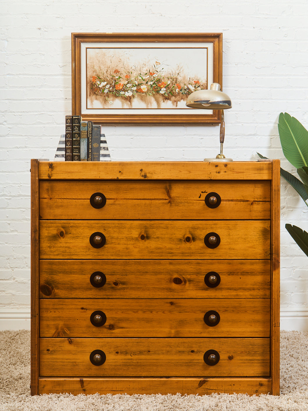 Mid-Century Pinewood Dresser with Black Pulls
