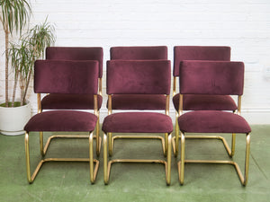 Set of Six Plum Velvet & Brass 70’s Deco Revival Dining Chairs