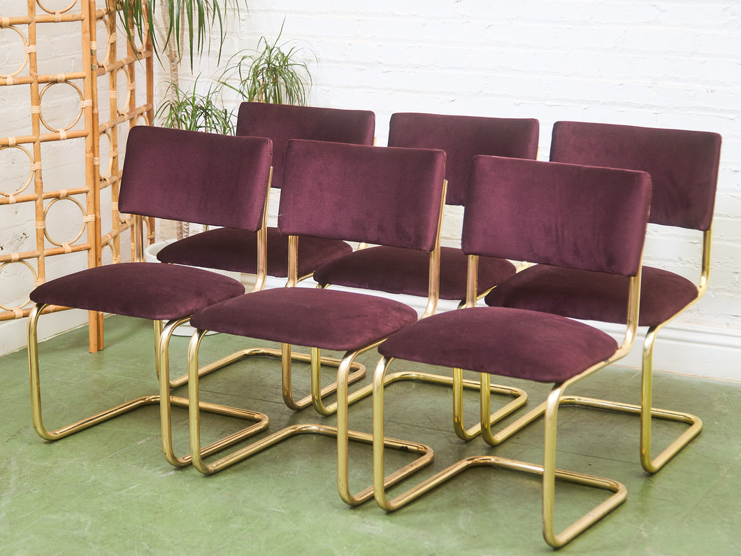 Set of Six Plum Velvet & Brass 70’s Deco Revival Dining Chairs