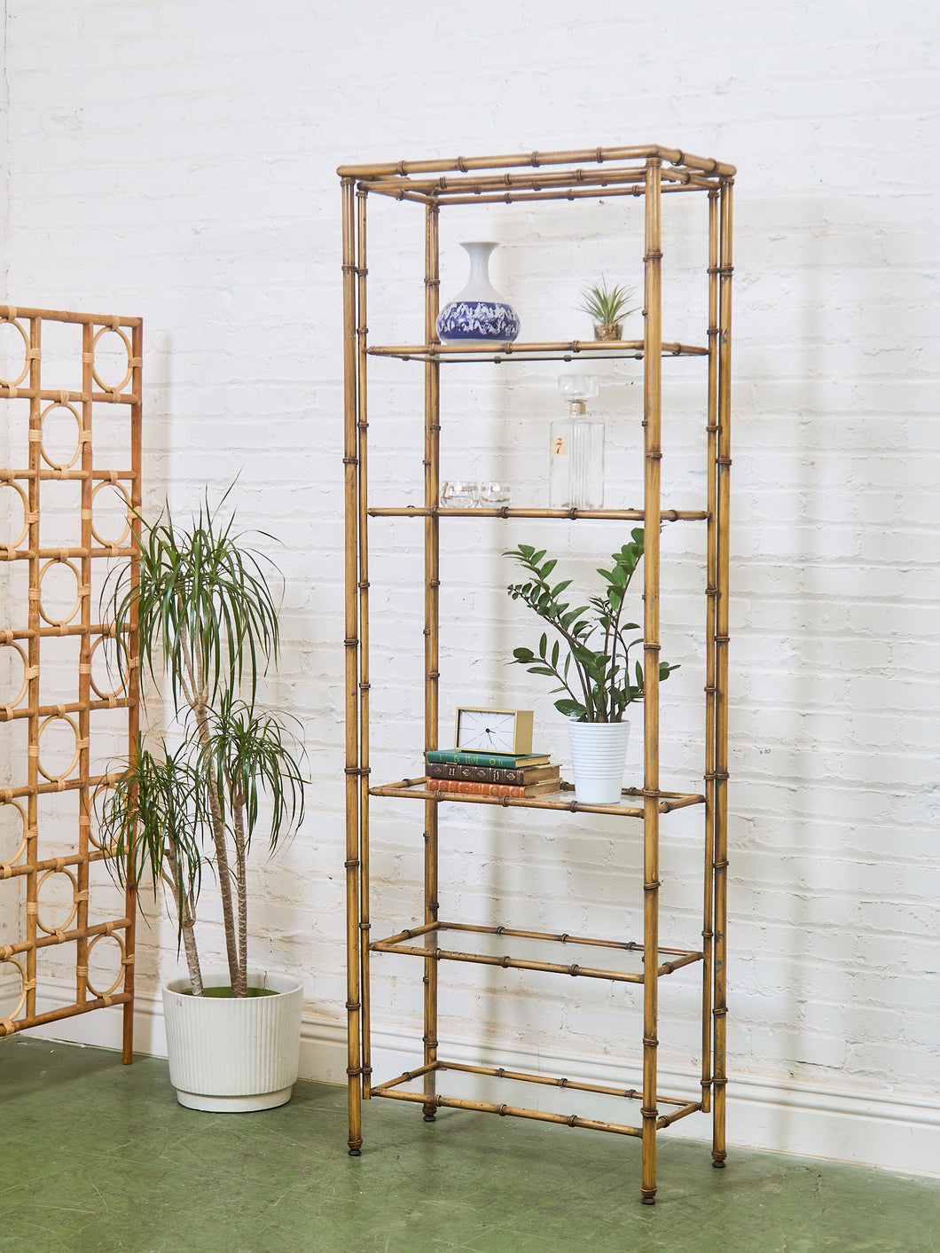 Hollywood Regency Brass Plated Metal Faux Bamboo Bookcase
