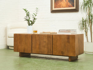 Minimalist Wood Leather Stone Console Cabinet