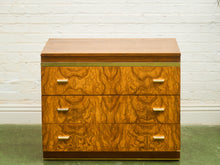 Load image into Gallery viewer, 1970’s Burlwood and Brass 3 Drawer Chest of Drawers
