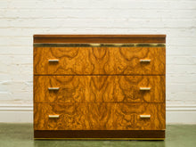 Load image into Gallery viewer, 1970’s Burlwood and Brass 3 Drawer Chest of Drawers
