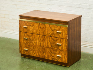 1970’s Burlwood and Brass 3 Drawer Chest of Drawers