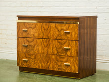 Load image into Gallery viewer, 1970’s Burlwood and Brass 3 Drawer Chest of Drawers
