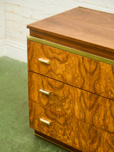 Load image into Gallery viewer, 1970’s Burlwood and Brass 3 Drawer Chest of Drawers
