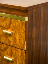 Load image into Gallery viewer, 1970’s Burlwood and Brass 3 Drawer Chest of Drawers
