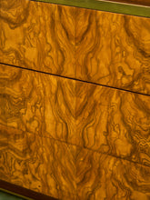 Load image into Gallery viewer, 1970’s Burlwood and Brass 3 Drawer Chest of Drawers

