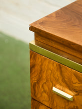 Load image into Gallery viewer, 1970’s Burlwood and Brass 3 Drawer Chest of Drawers
