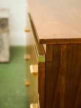 Load image into Gallery viewer, 1970’s Burlwood and Brass 3 Drawer Chest of Drawers
