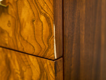Load image into Gallery viewer, 1970’s Burlwood and Brass 3 Drawer Chest of Drawers
